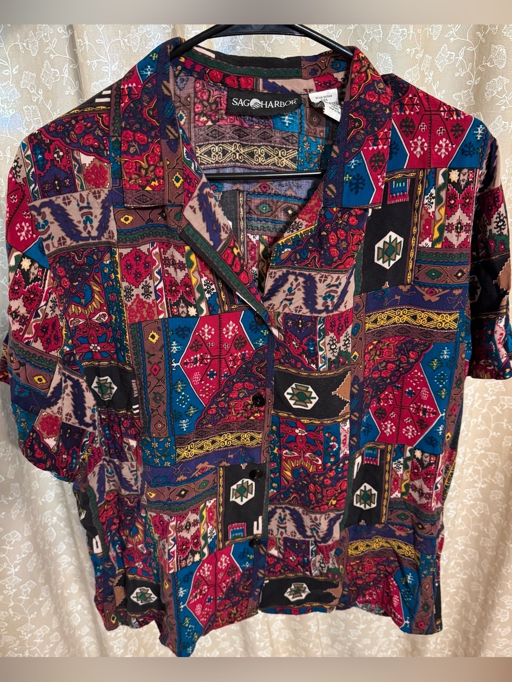 VTG 90s Sag Harbor Patchwork Rayon Button Up Shirt Medium Eclectic Grandpa
